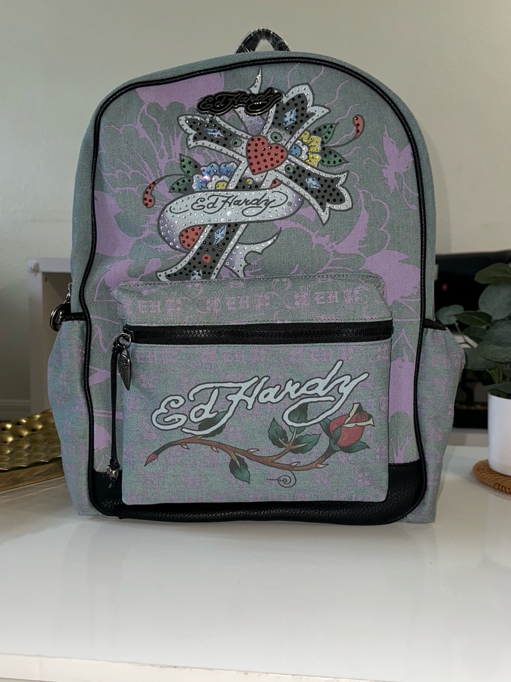 Ed Hardy Pink and Gray Floral Tattoo Backpack